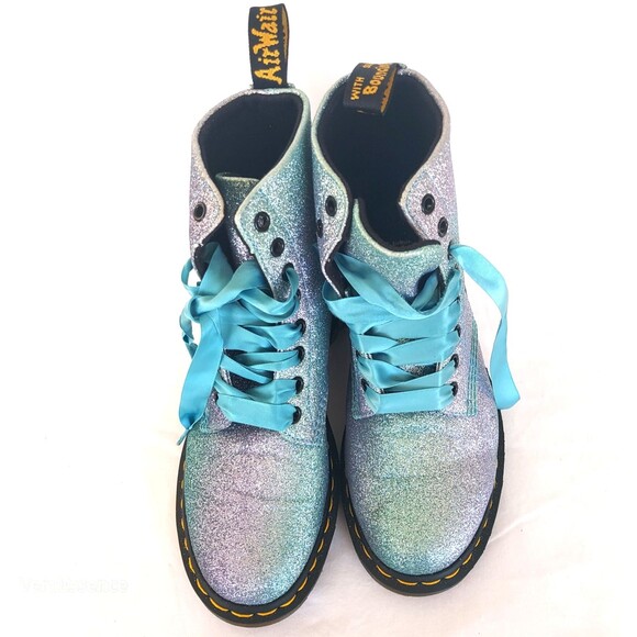 DR. MARTENS Pascal 8-Eye Boots Fine Blue Glitter Combat Ribbon Laces Sz7 New - Picture 3 of 10